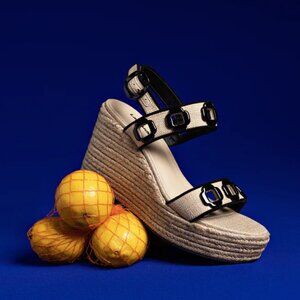 Larroude Milan Espadrille In Beige Raffia and Black Trimming